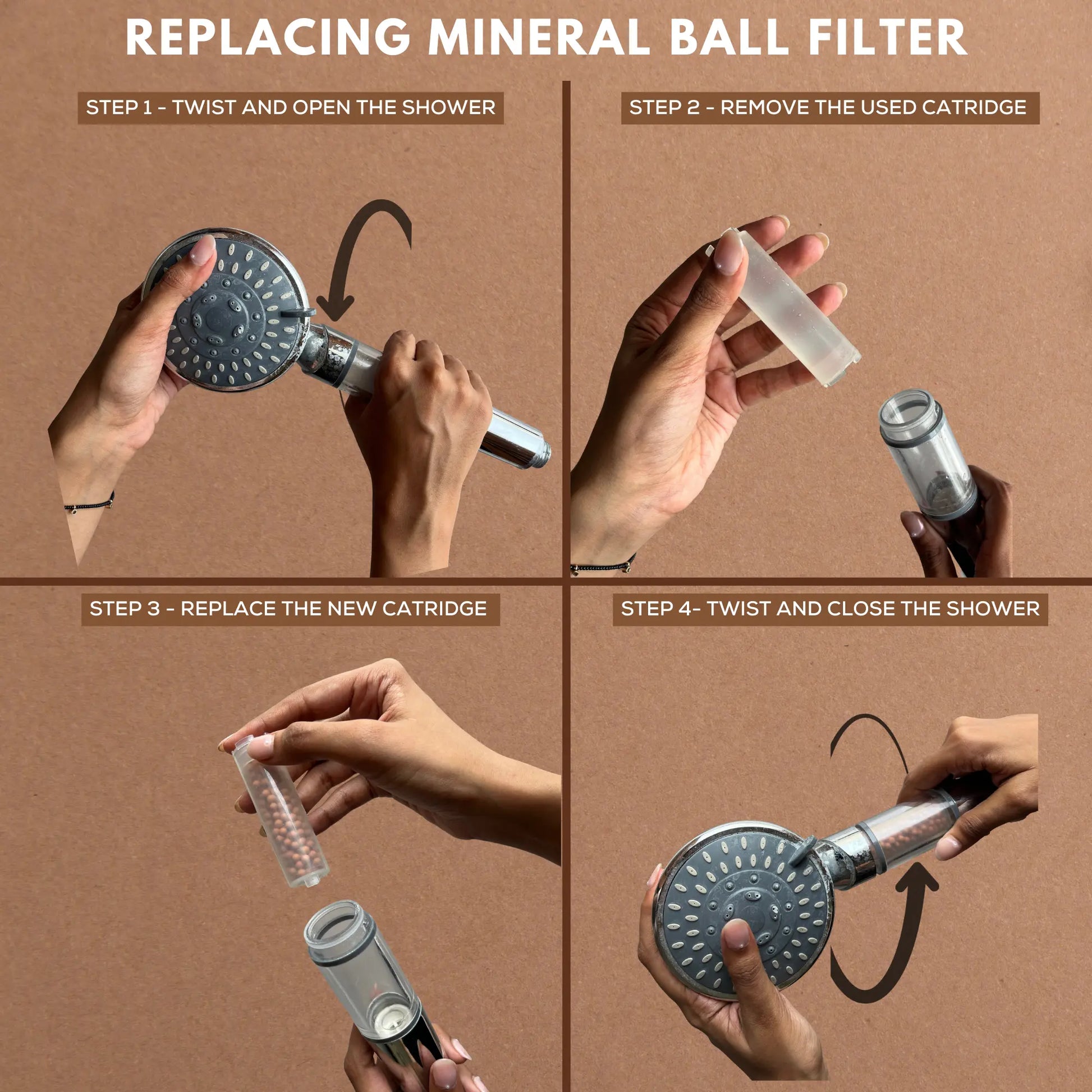 All-in-one bathroom water filter for hand shower set to maintain total skin and hair protection.