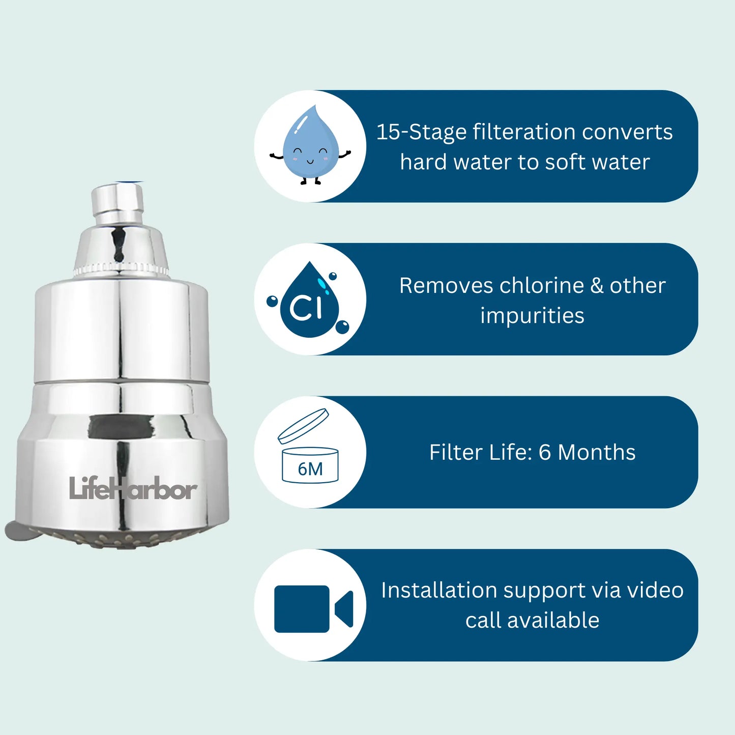 Chlorine removal shower filter with a powerful 15-stage filtration core for a pure bathing experience.