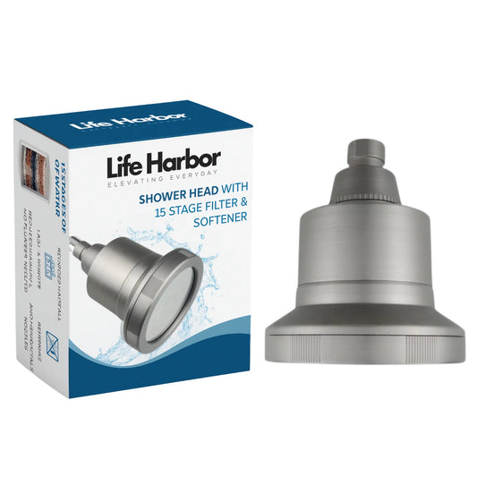 Brushed grey LUXE shower water filter for hard water softening.