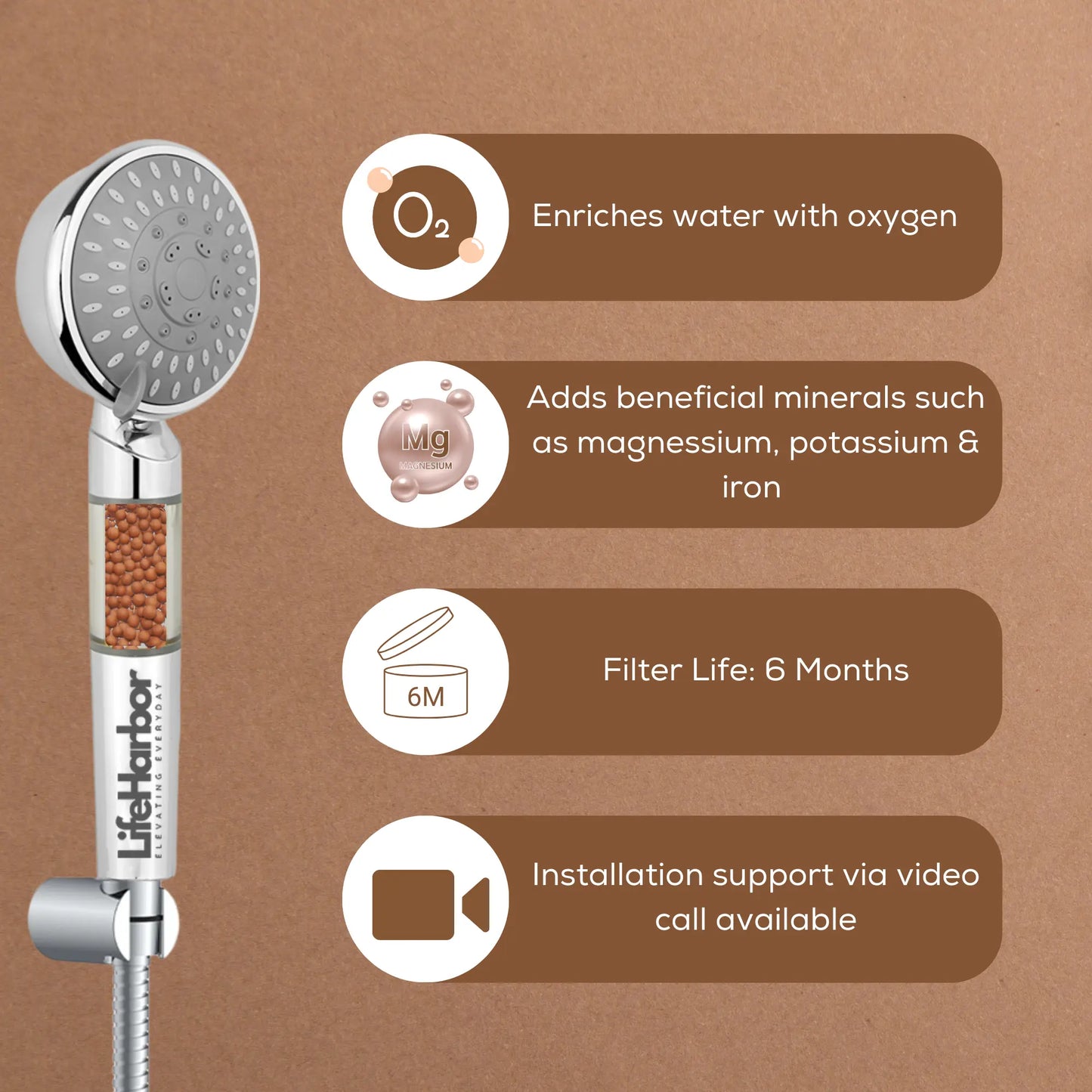 Handheld shower head water softener with mineral balls to condition water and enrich it with oxygen.
