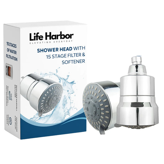 Life Harbor 15-stage shower filter for hard water to eliminate chlorine and impurities for healthy hair.