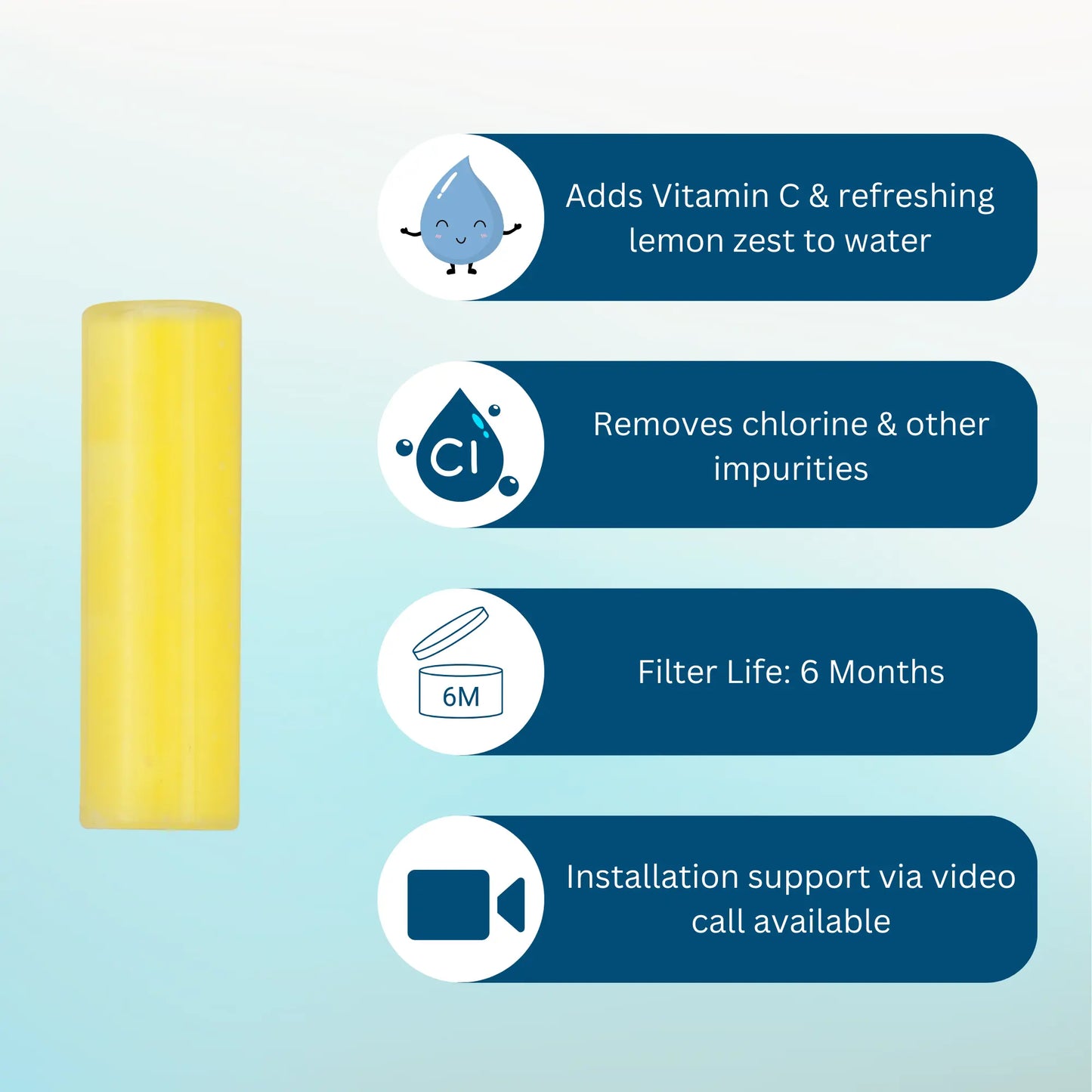 Vitamin C lemon shower filter replacement to neutralize chlorine and promote healthier, brighter skin.
