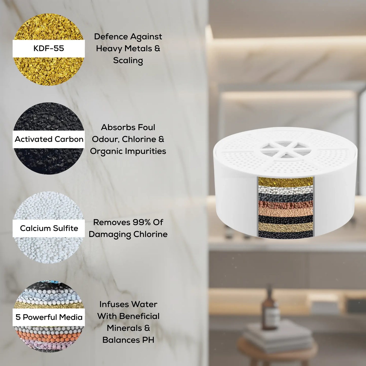 8-stage tap water purifier for bathroom taps showing internal filtration layers.