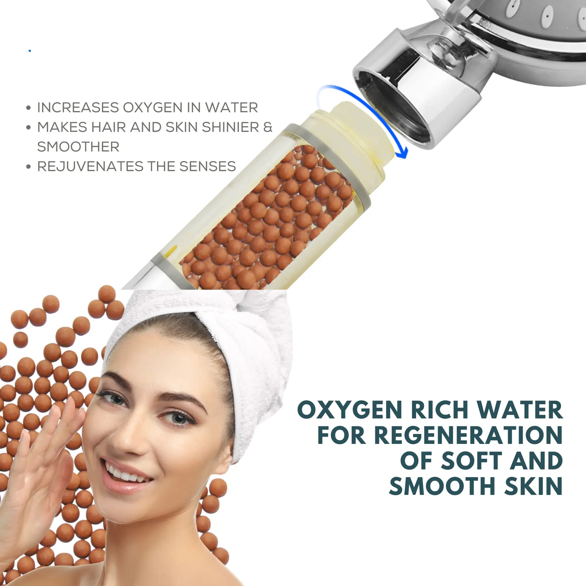 Oxygen-infused water filter cartridge for bathroom showers to replenish essential skin minerals.