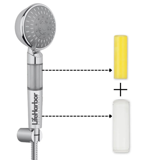 Life Harbor hand shower aromatherapy combo pack with 15-stage handle filter and Vitamin C fragrance filter.